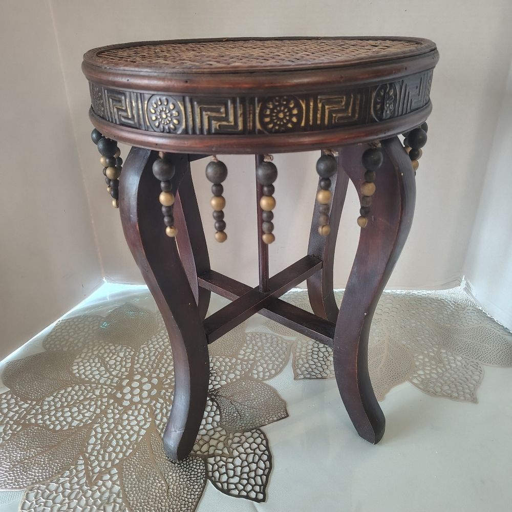 Vintage Wood Stool Plant Stand with Beaded Trim - Brown 16"H 12" D
